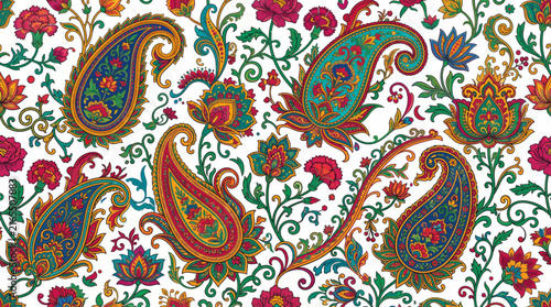 Very beautiful colorful realistic vector seamless pattern featuring oversized paisleys, exotic flowers, curved leaves, ornamental stems and elegant Indian garden-inspired composition, PAISLEY GARDEN •