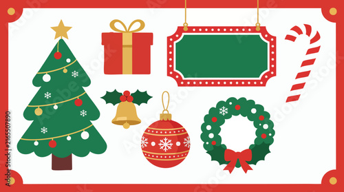 Christmas Elements and Decorative Frame Set with Tree Gift and Ornaments Vector