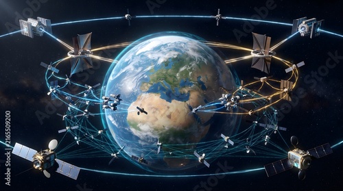 Global satellite communication and space technology network. Earth surrounded by orbiting satellites, space stations, and data transmission beams for telecommunication and GPS systems