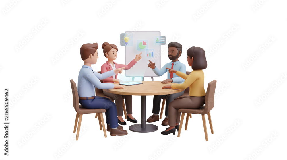 Fototapeta premium Diverse team collaborating around a table with a whiteboard presentation.