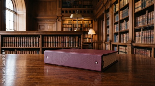 A large red binder resting on a wooden table inside a majestic old library filled with law books