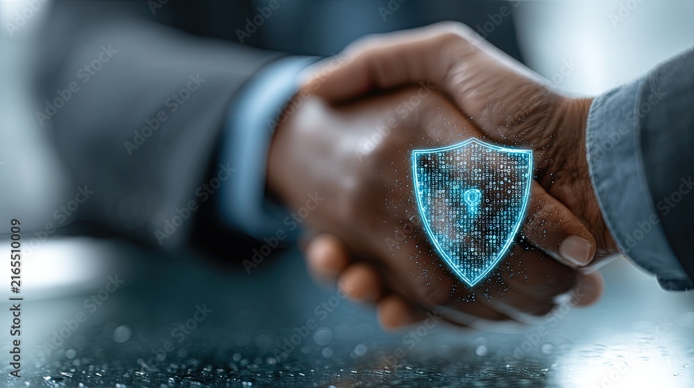 Fototapeta premium Professional handshake over glass office desk with holographic shield icon representing secure business partnership and data protection agreement