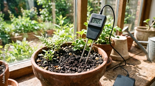 Digital Soil Moisture Meter Testing Humidity Levels of Potted Indoor Ferns in Greenhouse