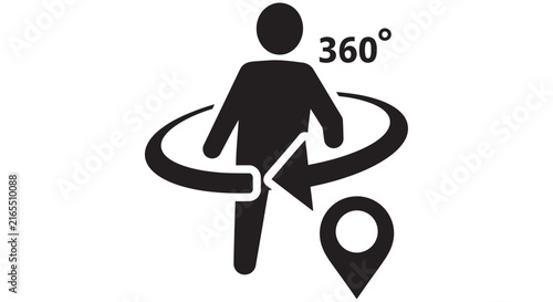 360 degree view icon with human silhouette and location pin on white background