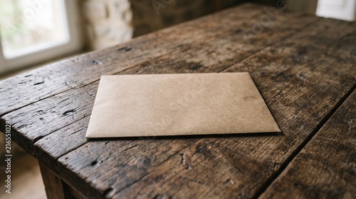 Blank Brown Kraft Paper Envelope on a Rustic Weathered Wooden Table Top Surface