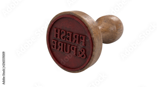 Wooden rubber stamp with the word fresh printed on it.