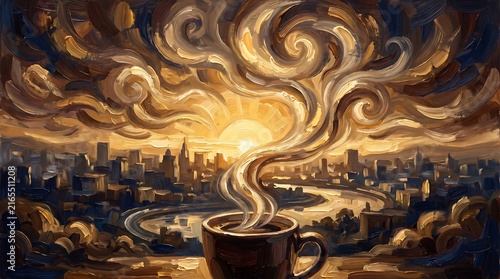Painterly Coffee Steam Swirling Over a Golden City Sunrise