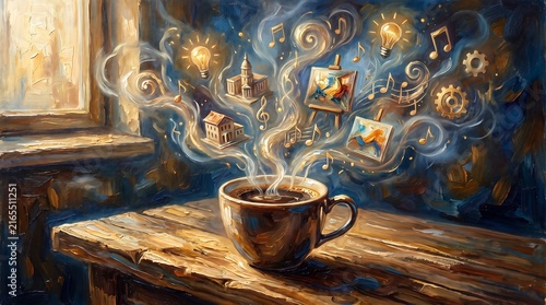 Creative Inspiration and Ideas Rising from a Steaming Coffee Cup in Artistic Oil Painting Style