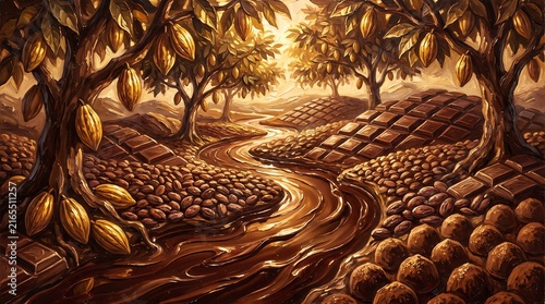 Golden Cacao Landscape: A Textured Oil Painting of Chocolate River, Pods, and Beans