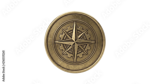 Antique Brass Compass Rose Emblem Isolated on White Background.