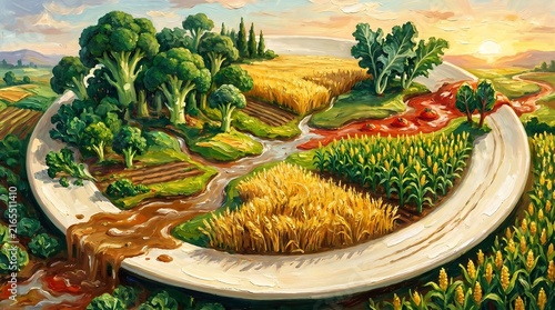 Farm to Table Landscape Art with Diverse Crops, Oil Painting