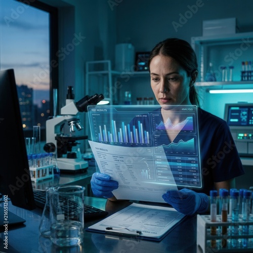Scientist Analyzing Futuristic Data On Transparent Display In Modern Lab