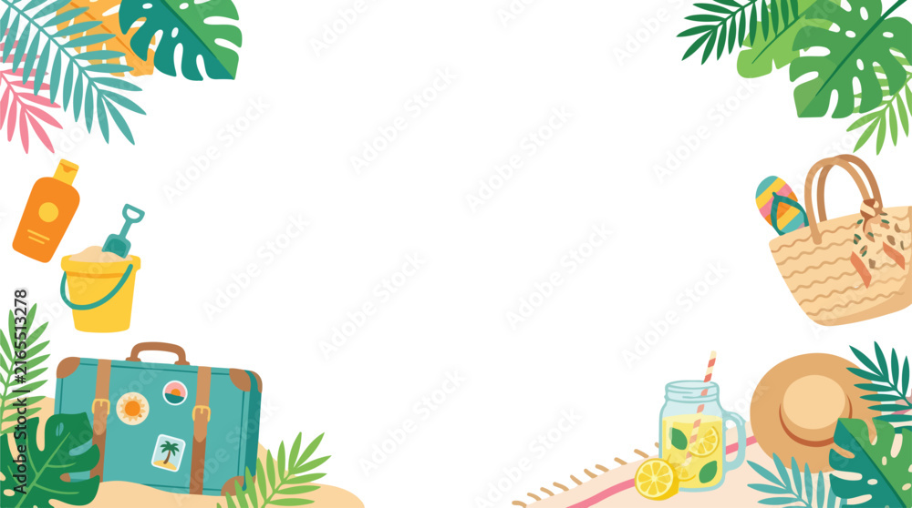 Fototapeta premium Bright tropical summer frame background with beach accessories, leaves, suitcase, hat, and lemonade surrounding copy space.
