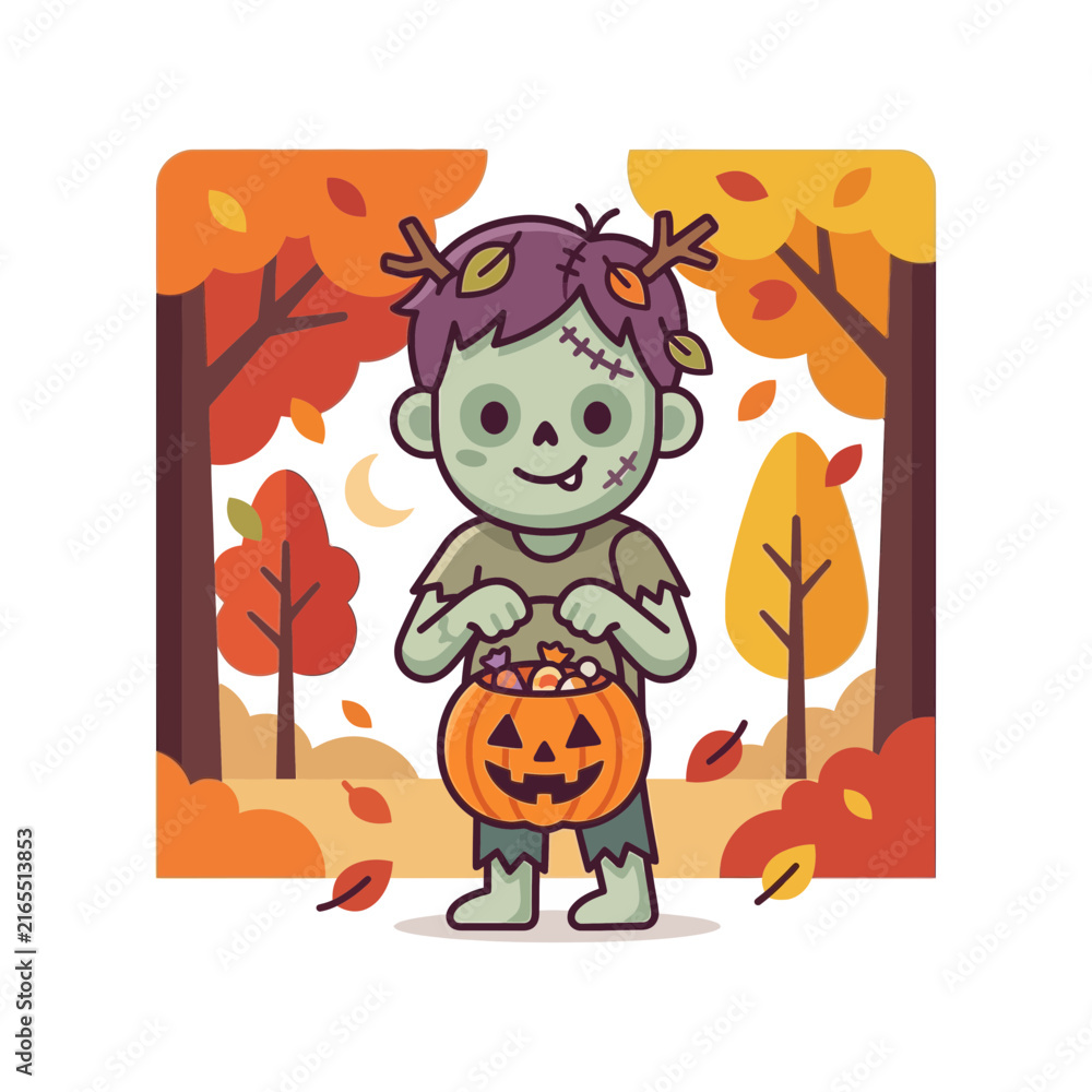 Fototapeta premium Cute cartoon zombie trick-or-treating with a pumpkin bucket full of candy, surrounded by autumn trees and falling leaves, isolated on transparent background