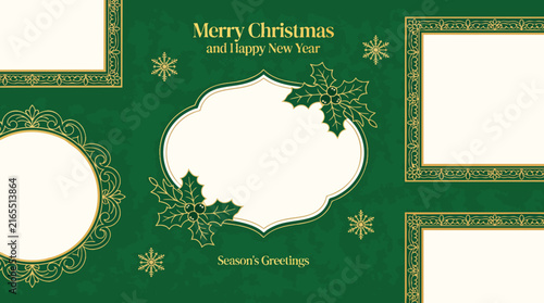 Luxury Green and Gold Christmas Invitation Card Template with Vintage Floral Frames