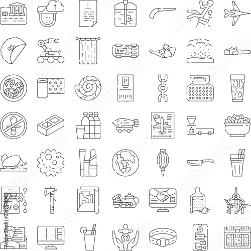 Set of modern linear icons, diverse outline pictograms for web and mobile ui covering technology, food, tools, business, travel, health, security, environment, and abstract concepts
