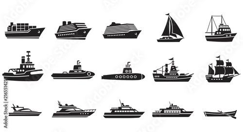 Black Silhouette Collection Of Various Watercraft On White Background boat