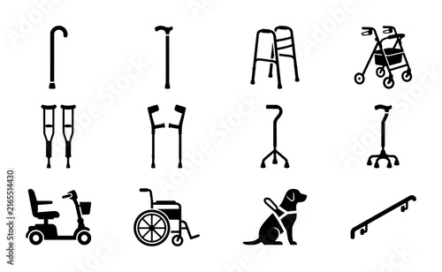 Mobility Aids Collection: Walking Canes, Crutches, Walkers, Wheelchairs, Scooters, and Service Dog Icons for Senior Care and Accessibility