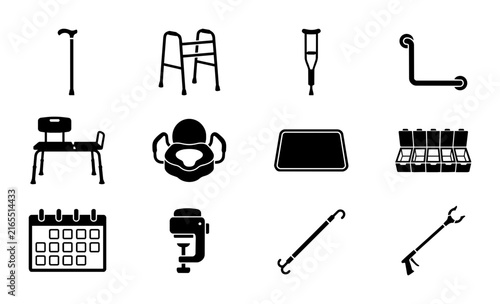 Senior Care Icons Set: Mobility Aids, Bathroom Support, Daily Living Tools, 12 Vector Graphics for Healthcare and Accessibility