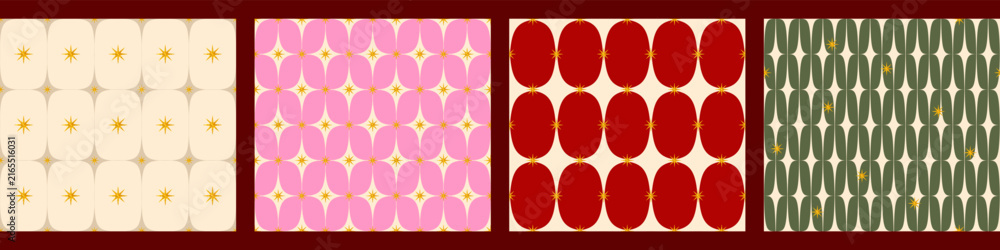 Naklejka premium Retro mid century seamless geometric patterns set with gold glitter stars. Diamond Christmas backgrounds for wrapping paper, textile, fabric, wallpaper and holiday design.Modern vector illustration