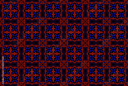 Seamless geometric pattern. Abstract floral ornament in blue and red on a dark background. Vector illustration.