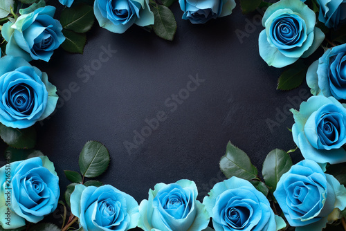 Arrangement of blue roses forming a border around central blank space.