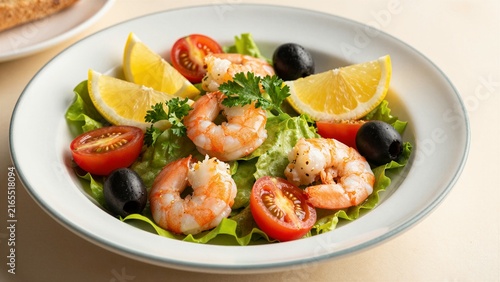 A vibrant shrimp salad served on a bed of lettuce with lemon slices, cherry tomatoes, black olives, and parsley in a white bowl.