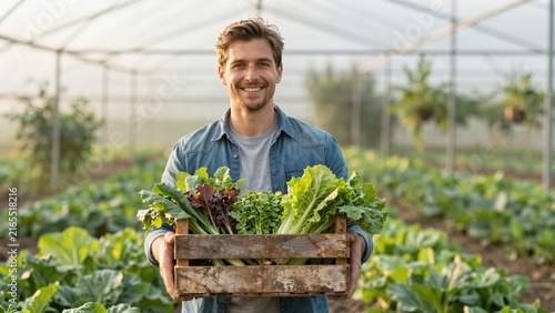 A smiling farmer holds a wooden crate filled with fresh leafy greens inside a greenhouse.
