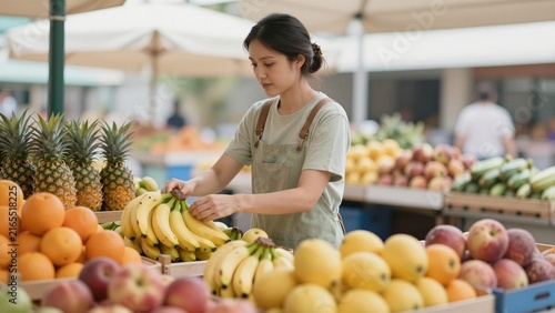 A woman in an apron selects fresh bananas from a vibrant fruit stand at an outdoor market.