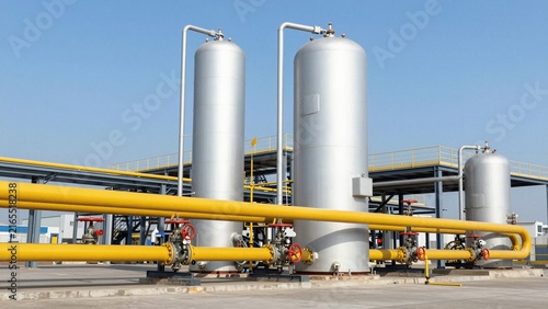 Large silver storage tanks connected by yellow pipes at an industrial site.