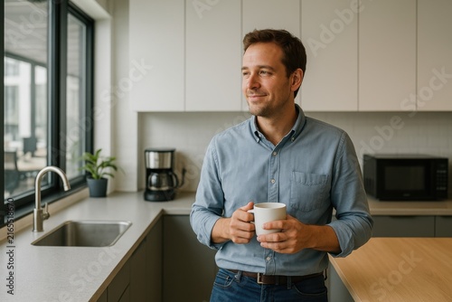 A man in a blue shirt enjoys a coffee break in a modern kitchen with natural light and minimalist decor.