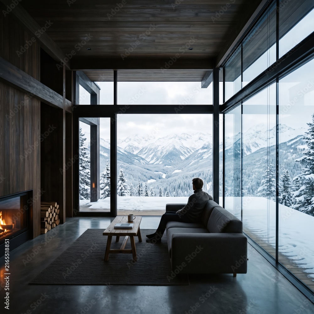 Fototapeta premium Man sits on a couch inside a modern cabin, gazing through floor to ceiling windows at snow covered mountains and a fireplace.