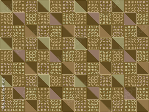 Seamless geometric pattern. Abstract brown background featuring large squares forming diagonal lines, embellished with small circular elements. Vector illustration.