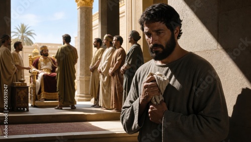 Fearful man servant clutching cloth with hidden mina while king on throne judges other servants in palace colonnade. Parable of the ten minas biblical story about faithfulness and stewardship concept