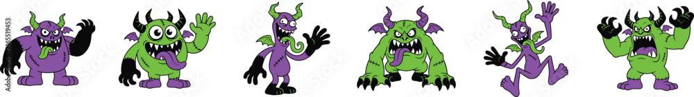 Fototapeta premium Spooky Purple and Green Halloween Monster Vector Set with Devil Goblin Character Icons