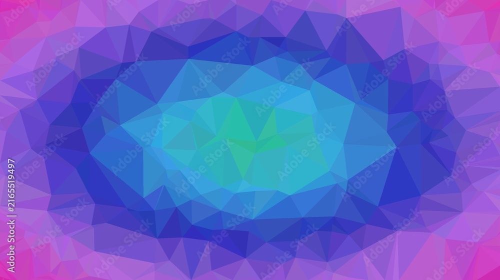 Fototapeta premium Concentric oval low poly geometric background in purple and blue shades featuring light turquoise center for focal point framing and futuristic banners.