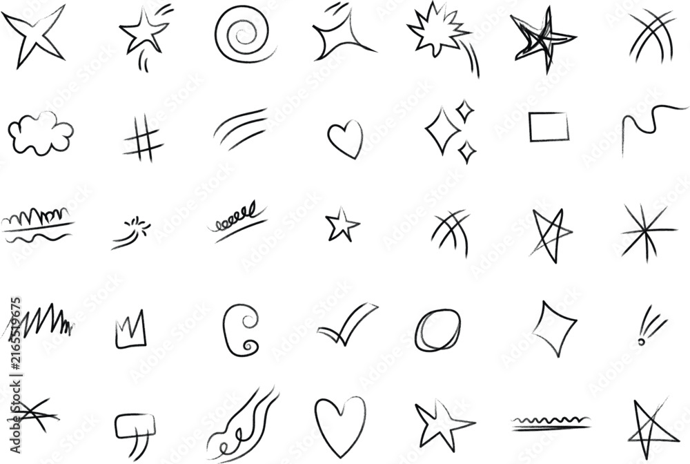 Fototapeta premium Hand Drawn Black Line Art Doodle Vector Icon Set, Stars Arrows Hearts Sparkles and Decorative Swirl Vector Graphics