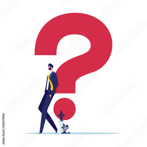 Obraz na płótnie Question or problem solving, think about answer or solution, contemplation, doubt or concentration, FAQ frequently asked questions, doubtful businessman thinking about answer with big question mark