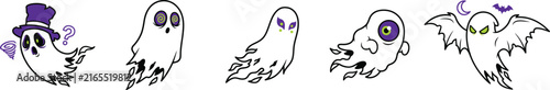Spooky Halloween Ghost Vector Set with Purple Top Hat Bat Wings and Eyeball Icons