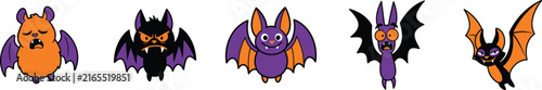 Cute Halloween Bat Vector Set with Flying Orange Purple and Black Character Icons