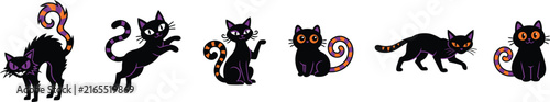 Cute Black Cat Halloween Vector Set with Striped Tail Character Icons