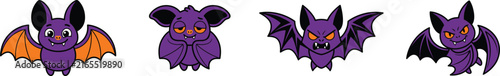 Cute Purple Halloween Bat Vector Set with Flying and Resting Character Icons