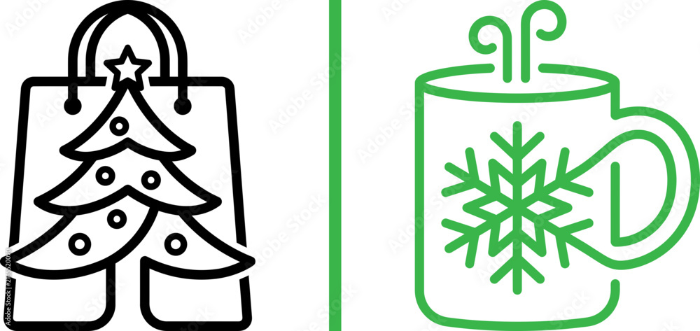 Naklejka premium Christmas shopping bag with tree and winter mug with snowflake line icons vector set for holiday retail and seasonal branding