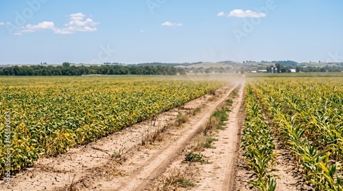 Rural Harvest Horizon: A vast, sun-drenched field of crops stretches towards a distant treeline under a clear blue sky, with a dirt track winding through the verdant expanse.