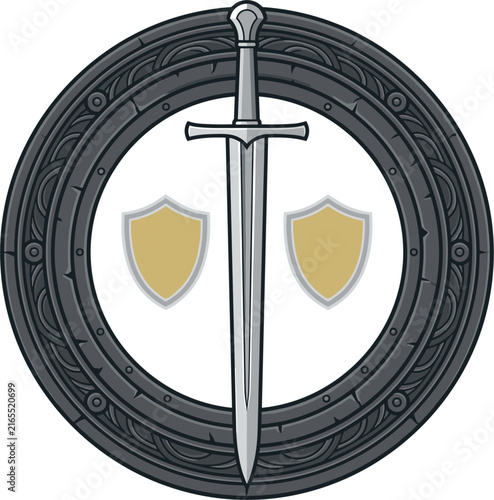 A medieval emblem featuring a central sword flanked by two shields, set within a circular, ornate border. This heraldic symbol evokes themes of history, royalty, and warrior power.
