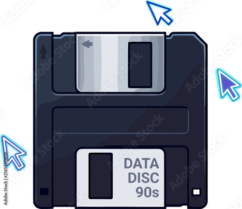 Pixel art of a black 3.5 inch floppy disk labeled 