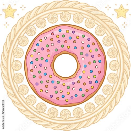 Pixel art pink frosted donut with sprinkles, framed by decorative swirl pattern, stars, and border, sweet food illustration