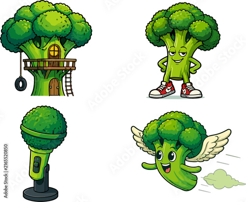 Pixel art set of four broccoli characters: a treehouse, a standing figure, a microphone, and a flying character