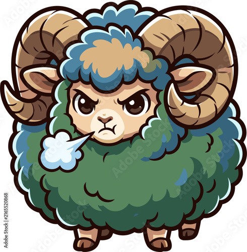 A pixel art ram with large curly brown horns, blue mane, and green wool. It has an angry expression and is breathing out a cloud of steam. The cartoonish character is isolated on a white background.