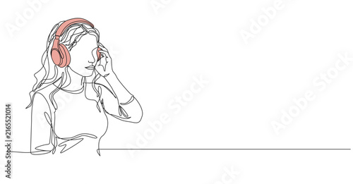continuous line drawing of young woman wearing headphones listening to music, podcast or audio book, line art vector illustration